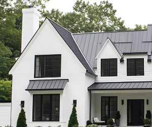 white modern house with black roof and white chimney and shrubs in front
