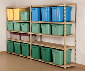 green, blue and yellow storage bins sitting on a rack inside a storage room